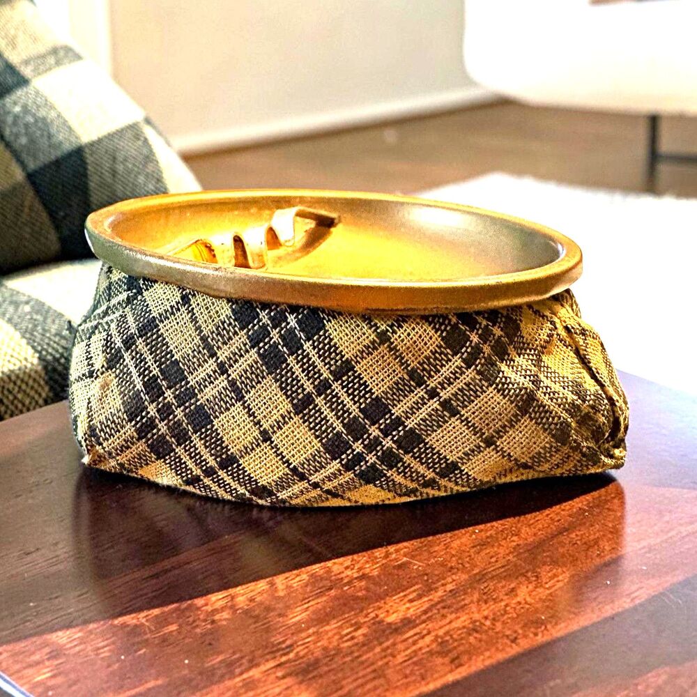 Gold Tone Metal bean bag Ashtray w/ Cigarette Rest, Plaid Fabric, Taiwan 1960s